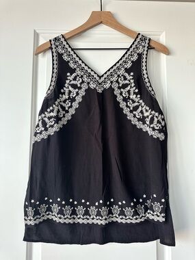 THML Black Sleeveless V-Neck Camisole with White Embroidery